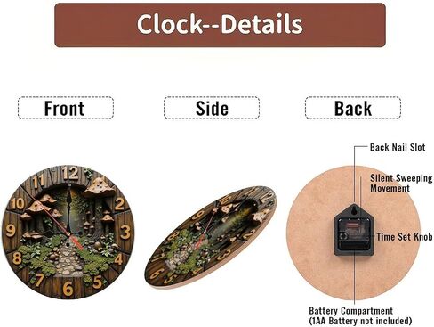Lancholy Forest Path Mushroom Clock Wall Decor 10-Inch Wooden Wall Clock, Silent Movement, Battery Operated (AA Batteries Not Included), Artistic Home Decor, Perfect for Home Accents in Kuwait