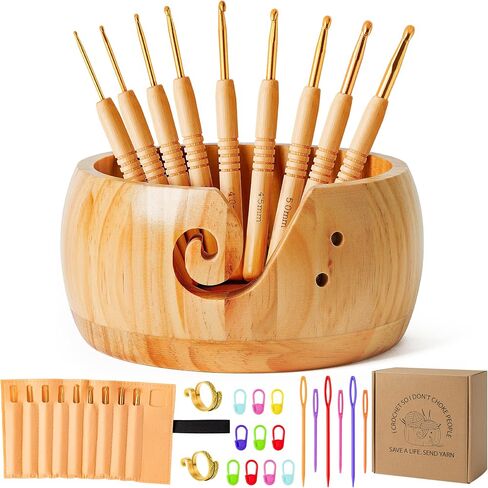 WATINC Wooden Yarn Bowl Holder Set - Large Crochet Yarn Storage Bowls with 9pcs Metal Knitting Hooks, Adjustable Loop Ring Stitch Markers with Box Crochet Gifts for Knitters Crocheters (Dark Brown in Kuwait