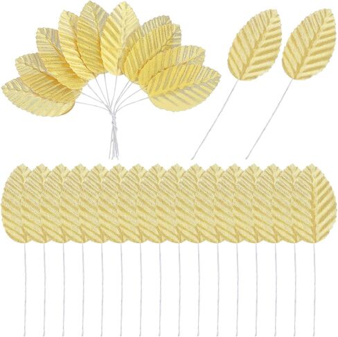 200pcs Gold Leaves Artificial Flowers,Artificial Silk Leaves, Fake Leaves with Stems Crafts Fake Faux Wired Single Leaf for DIY Crafts Floral Arrangements Home Kitchen Wedding Party Decorations in Kuwait