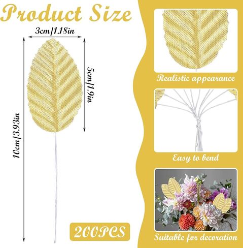 200pcs Gold Leaves Artificial Flowers,Artificial Silk Leaves, Fake Leaves with Stems Crafts Fake Faux Wired Single Leaf for DIY Crafts Floral Arrangements Home Kitchen Wedding Party Decorations in Kuwait