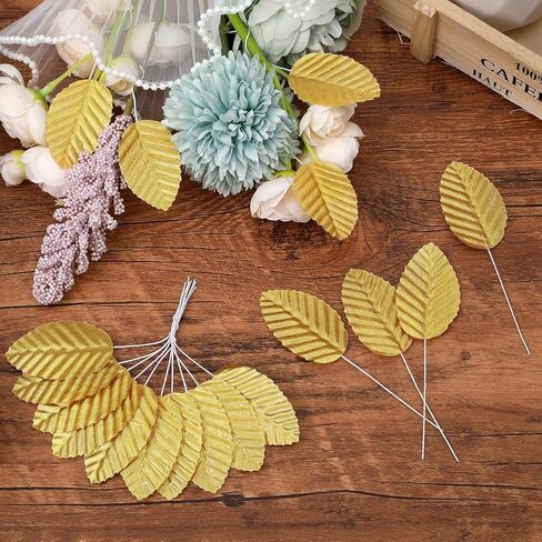 200pcs Gold Leaves Artificial Flowers,Artificial Silk Leaves, Fake Leaves with Stems Crafts Fake Faux Wired Single Leaf for DIY Crafts Floral Arrangements Home Kitchen Wedding Party Decorations in Kuwait