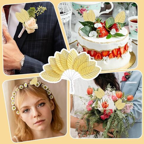 200pcs Gold Leaves Artificial Flowers,Artificial Silk Leaves, Fake Leaves with Stems Crafts Fake Faux Wired Single Leaf for DIY Crafts Floral Arrangements Home Kitchen Wedding Party Decorations in Kuwait
