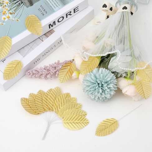 200pcs Gold Leaves Artificial Flowers,Artificial Silk Leaves, Fake Leaves with Stems Crafts Fake Faux Wired Single Leaf for DIY Crafts Floral Arrangements Home Kitchen Wedding Party Decorations in Kuwait