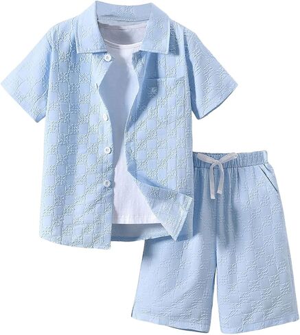 GORGLITTER Boy's 2 Piece Outftis 3D Embossed Button Down Short Sleeve Shirts and Shorts Set in Saudi Arabia