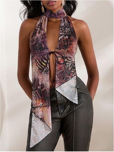 MakeMeChic Women's Cheetah Print Halter Top Y2K Tie Front Backless Club Going Out Tank Tops in Saudi Arabia