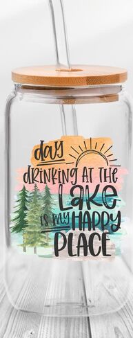 Day Drinking at the Beach Is My Happy Place 16 Ounce Glass With Straw and Lid - Iced Coffee Glass (Day Drinking at the Beach) in Saudi Arabia