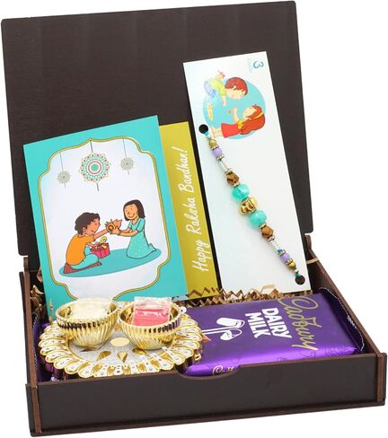 Rakhi Gift Box | Rakhi Gift Hamper made with a Blue and Gold Rakhi, Roli, Chaval, Mini Thali Set, and a Greeting Card and a delectable | Rakhi Gift Set | Rakhi Hamper (Rakhi Set 5) in Kuwait