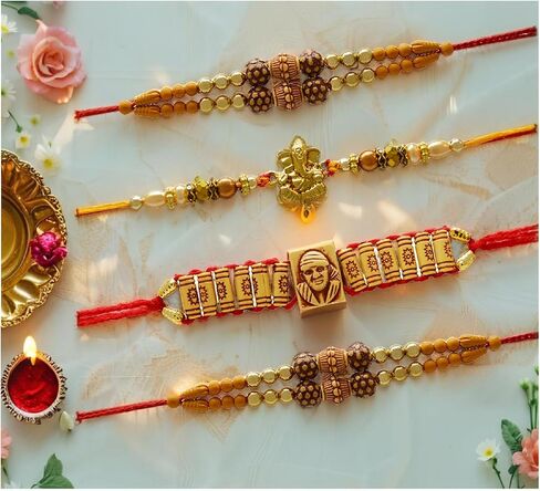 MitranDe Rakhi Bracelet For Brother, Raksha Bandhan Gift For Brother - Sister- Bhabhi-Bhai- Veera - Ganesh ji, Sai Baba Ji & multicolored Rakhee - Set of 4 in Saudi Arabia