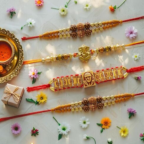 MitranDe Rakhi Bracelet For Brother, Raksha Bandhan Gift For Brother - Sister- Bhabhi-Bhai- Veera - Ganesh ji, Sai Baba Ji & multicolored Rakhee - Set of 4 in Saudi Arabia
