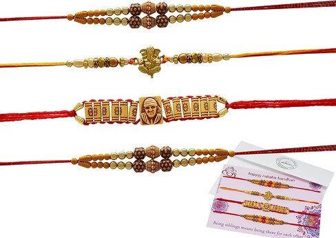 MitranDe Rakhi Bracelet For Brother, Raksha Bandhan Gift For Brother - Sister- Bhabhi-Bhai- Veera - Ganesh ji, Sai Baba Ji & multicolored Rakhee - Set of 4 in Saudi Arabia