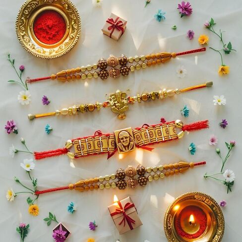 MitranDe Rakhi Bracelet For Brother, Raksha Bandhan Gift For Brother - Sister- Bhabhi-Bhai- Veera - Ganesh ji, Sai Baba Ji & multicolored Rakhee - Set of 4 in Saudi Arabia