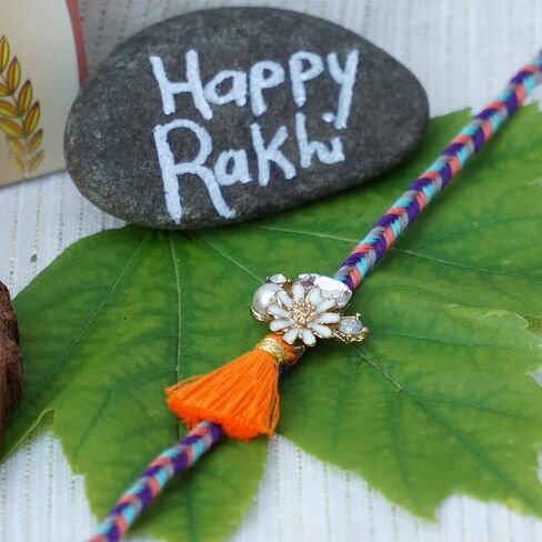 Rakhi Gift Box | Rakhi Gift Hamper made with a Blue and Gold Rakhi, Roli, Chaval, Mini Thali Set, and a Greeting Card and a delectable | Rakhi Gift Set | Rakhi Hamper (Rakhi Set 5) in Kuwait
