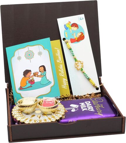 Rakhi Gift Box | Rakhi Gift Hamper made with a Blue and Gold Rakhi, Roli, Chaval, Mini Thali Set, and a Greeting Card and a delectable | Rakhi Gift Set | Rakhi Hamper (Rakhi Set 5) in Kuwait