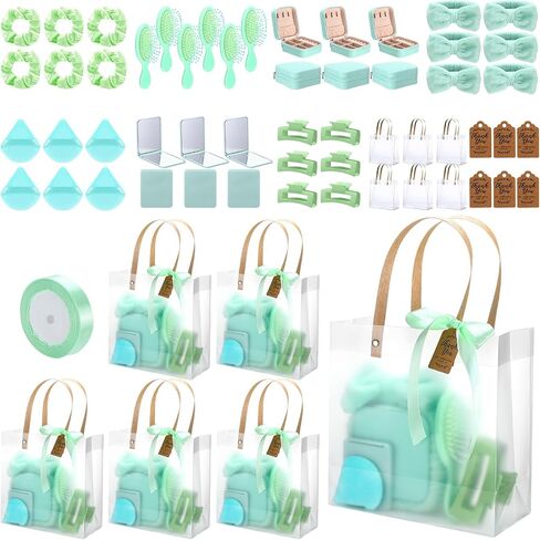 6 Sets Baby Shower Prizes for Winners Gifts Headband Hair Brush Jewelry Box Compact Mirror Powder Puff Hair Tie Claw Gift Bag Bridal Shower(Blue) in Kuwait