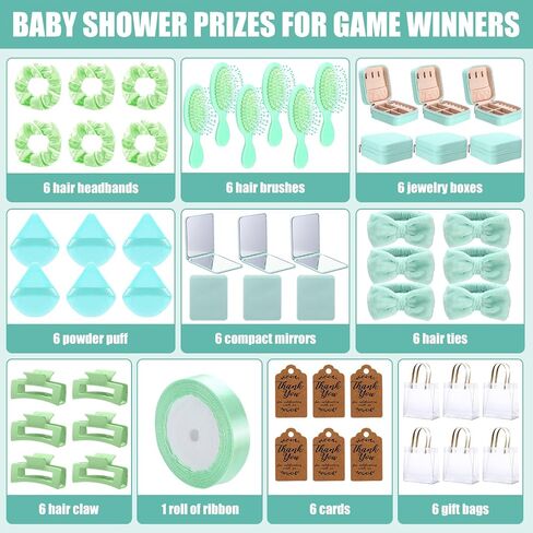 6 Sets Baby Shower Prizes for Winners Gifts Headband Hair Brush Jewelry Box Compact Mirror Powder Puff Hair Tie Claw Gift Bag Bridal Shower(Blue) in Kuwait