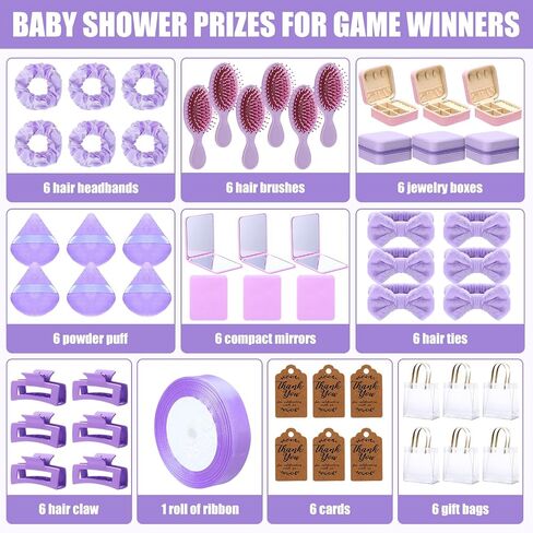 6 Sets Baby Shower Prizes for Winners Gifts Headband Hair Brush Jewelry Box Compact Mirror Powder Puff Hair Tie Claw Gift Bag Bridal Shower(Blue) in Kuwait