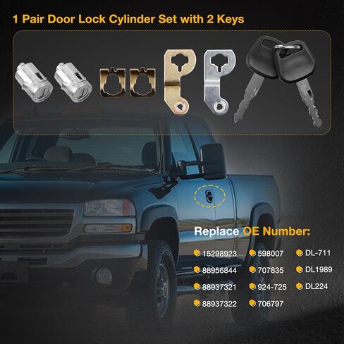 Extended Cab Door Handles, Exterior Door Handle with Lock Cylinders and Keys, Compatible with 1999-2007 Chevrolet Silverado 1500 2500 3500 GMC Sierra 1500 2500 3500, Replaces# 60202 79100 DL-711 in Saudi Arabia