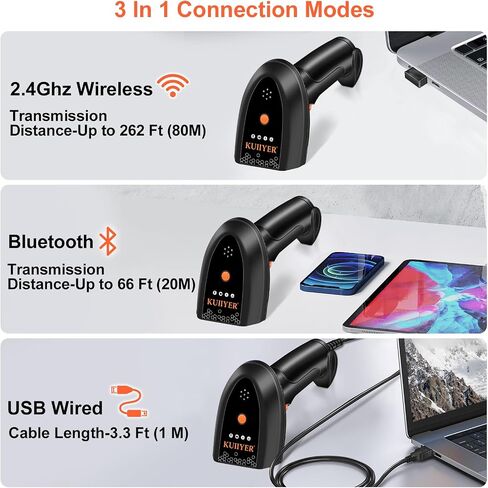 KUIIYER Bluetooth Barcode Scanner, Wireless 2D QR 1D Bar Code Scanners with LCD Digital Display & AI Voice, Plug & Play Handheld Barcode Reader for iPhone, Android, iPad, Tablet, PC Computers & POS in Saudi Arabia