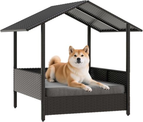 Waleaf Wicker Dog House في الهواء الطلق مع المظلة ، سرير الكلب المرتفع مع الكلاب مع وسادة للكلاب الصغيرة/المتوسطة ، غلاف وسادة إثبات الطقس ، كابانا للفناء ، سطح السفينة ، حمام السباحة in Kuwait