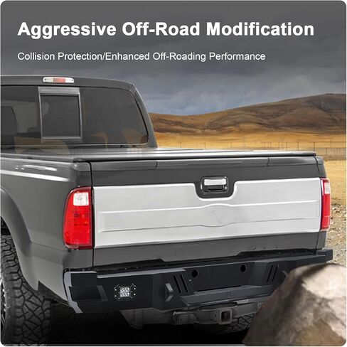 Rear Bumper fit for Ford F250 F350 Super Duty 2011-2016 Heavy Duty Rear Bumper w/LED Lights 2 D-Ring Step Plate Sensor Holes W/O Park Assist Sensor Cut-out Carbon Steel Powder-Coated Black in Saudi Arabia
