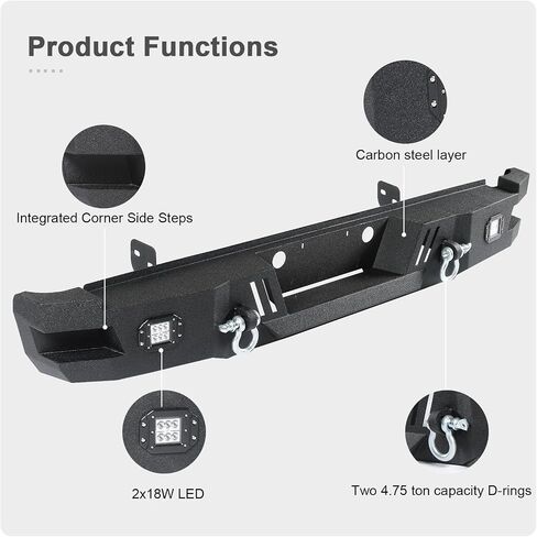 Rear Bumper fit for Ford F250 F350 Super Duty 2011-2016 Heavy Duty Rear Bumper w/LED Lights 2 D-Ring Step Plate Sensor Holes W/O Park Assist Sensor Cut-out Carbon Steel Powder-Coated Black in Saudi Arabia