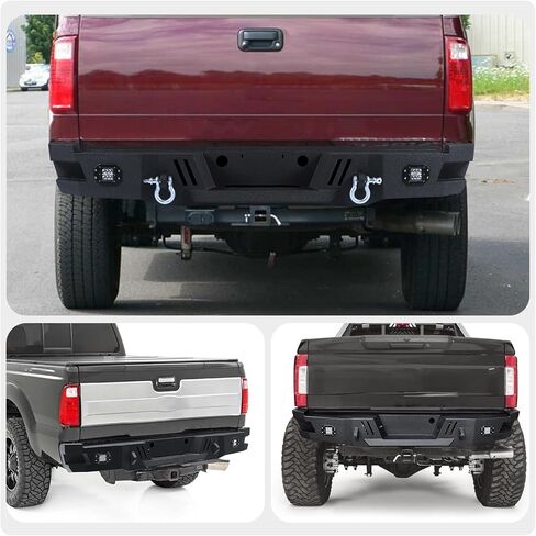 Rear Bumper fit for Ford F250 F350 Super Duty 2011-2016 Heavy Duty Rear Bumper w/LED Lights 2 D-Ring Step Plate Sensor Holes W/O Park Assist Sensor Cut-out Carbon Steel Powder-Coated Black in Saudi Arabia