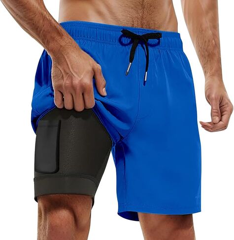 Swimming Trunks for Men with Compression Liner Swimsuit Trunks Quick-Dry Shorts with Liner and Zipper Pockets in Kuwait
