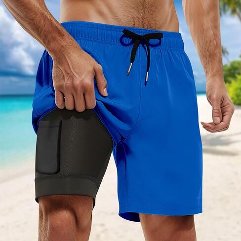 Swimming Trunks for Men with Compression Liner Swimsuit Trunks Quick-Dry Shorts with Liner and Zipper Pockets in Kuwait