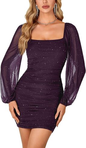 Rooscier Women's Glitter Mesh Long Sleeve Square Neck Ruched Bodycon Party Mini Dress in Saudi Arabia