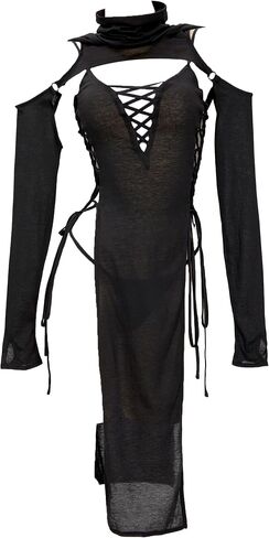 MEOWCOS Women's Bodycon Dress Gothic Ninja Style Lace up Slit Dress and Hooded Top Black in Saudi Arabia