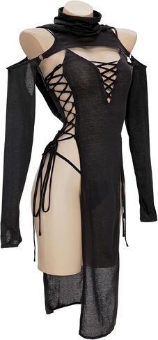MEOWCOS Women's Bodycon Dress Gothic Ninja Style Lace up Slit Dress and Hooded Top Black in Saudi Arabia
