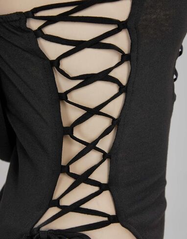 MEOWCOS Women's Bodycon Dress Gothic Ninja Style Lace up Slit Dress and Hooded Top Black in Saudi Arabia