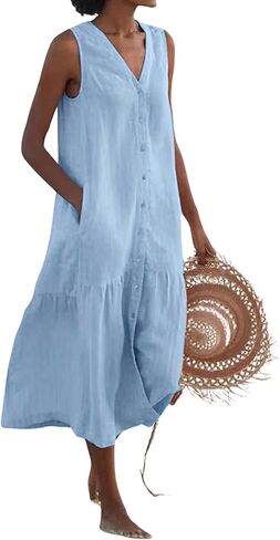 chouyatou Women's Summer Sleeveless Button Down Cotton Tank Dress Loose A-Line Tiered Tunic Beach Dress in Saudi Arabia