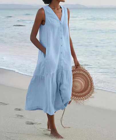chouyatou Women's Summer Sleeveless Button Down Cotton Tank Dress Loose A-Line Tiered Tunic Beach Dress in Saudi Arabia