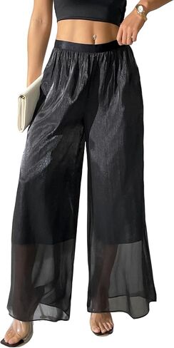 Women's Silky Shiny Wide Leg Palazzo Pants Chiffon Dressy Casual Slacks Trendy Pants in Saudi Arabia