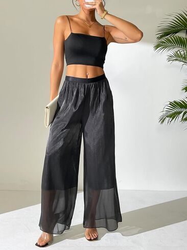 Women's Silky Shiny Wide Leg Palazzo Pants Chiffon Dressy Casual Slacks Trendy Pants in Saudi Arabia