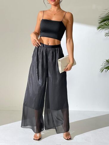 Women's Silky Shiny Wide Leg Palazzo Pants Chiffon Dressy Casual Slacks Trendy Pants in Saudi Arabia