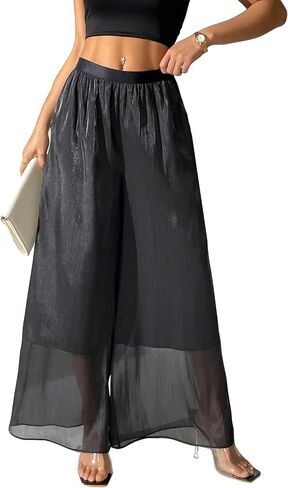Women's Silky Shiny Wide Leg Palazzo Pants Chiffon Dressy Casual Slacks Trendy Pants in Saudi Arabia