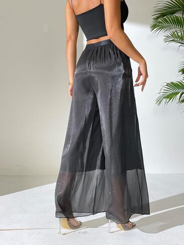 Women's Silky Shiny Wide Leg Palazzo Pants Chiffon Dressy Casual Slacks Trendy Pants in Saudi Arabia