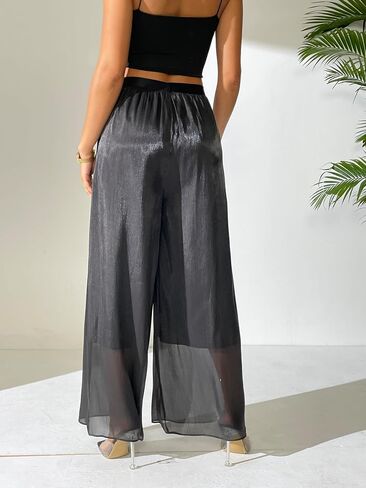 Women's Silky Shiny Wide Leg Palazzo Pants Chiffon Dressy Casual Slacks Trendy Pants in Saudi Arabia