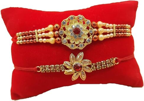 Rakhi brass Bracelet, Unique designer Rakhi, Rakhi celebration with your Brother, Bhabhi/Sibling, Sister, Father & Family. Set of 2 (Fancy Rakhi with beautiful stones, Small) in Saudi Arabia