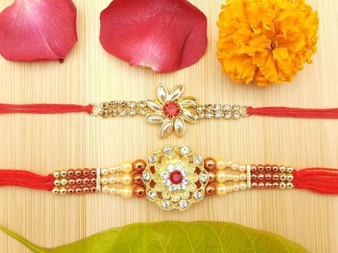 Rakhi brass Bracelet, Unique designer Rakhi, Rakhi celebration with your Brother, Bhabhi/Sibling, Sister, Father & Family. Set of 2 (Fancy Rakhi with beautiful stones, Small) in Saudi Arabia