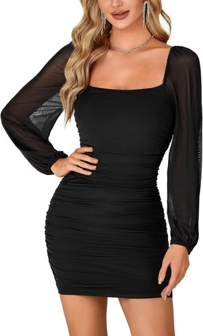 روبوستير المرأة اللمعان الشبكية طويلة الأكمام مربعة الرقبة ruched bodycon الحزب الفستان الصغير in Saudi Arabia