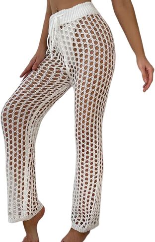 ZAFUL Women's Crochet Knit Cover Up Beach Pants Swimwear Drawstring Hollow Out Straight Pants in Saudi Arabia