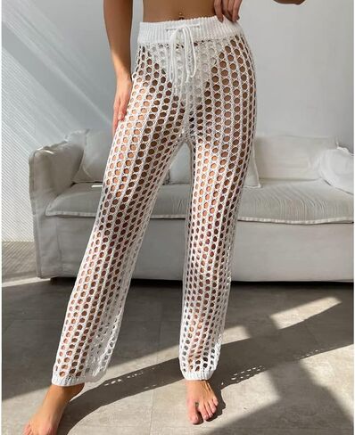 ZAFUL Women's Crochet Knit Cover Up Beach Pants Swimwear Drawstring Hollow Out Straight Pants in Saudi Arabia