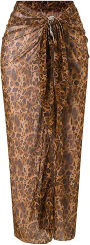 Verdusa Women's Cheetah Sheer Sarong Beach Cover Up Split Thigh Tie Front Wrap Midi Skirts in Saudi Arabia