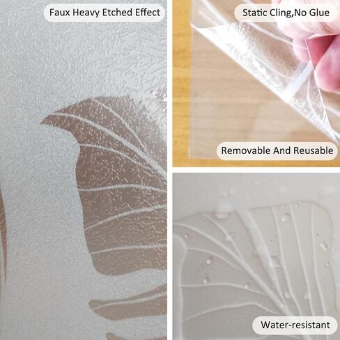Static Cling Faux Etched Glass Effect Privacy Film, Botanical Pattern Anti-Collision Door Film for Entry Door Bathroom Glass, Palm Leaves 16.93"X39.37" in Kuwait