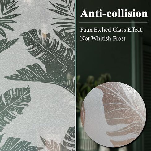 Static Cling Faux Etched Glass Effect Privacy Film, Botanical Pattern Anti-Collision Door Film for Entry Door Bathroom Glass, Palm Leaves 16.93"X39.37" in Kuwait