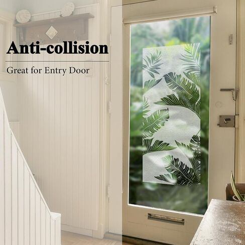 Static Cling Faux Etched Glass Effect Privacy Film, Botanical Pattern Anti-Collision Door Film for Entry Door Bathroom Glass, Palm Leaves 16.93"X39.37" in Kuwait