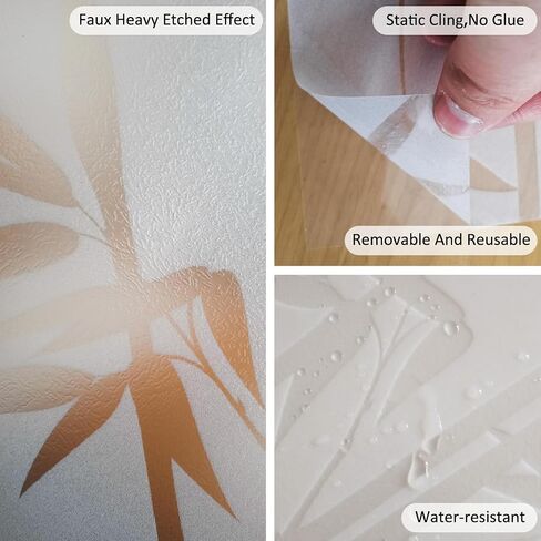 Static Cling Faux Etched Glass Effect Privacy Film, Botanical Pattern Anti-Collision Door Film for Entry Door Bathroom Glass, Palm Leaves 16.93"X39.37" in Kuwait
